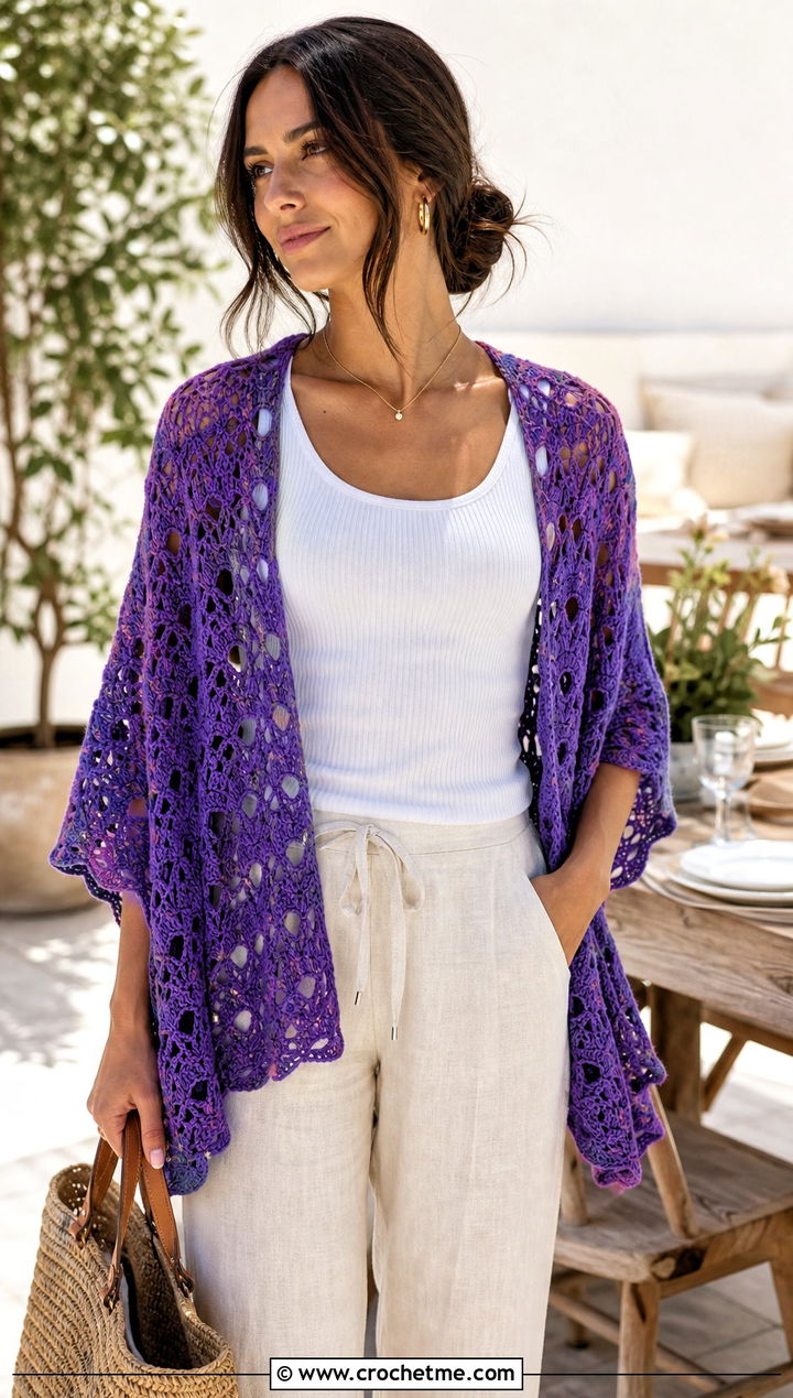 Lace Shell Shawl With Linen Pants - 20 Crochet Shell Shawl outfit ideas