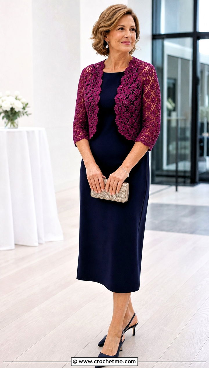 Lace Shell Stitch Crochet Bolero With Column Dress - 15 Crochet Super Cropped Sweater outfit ideas