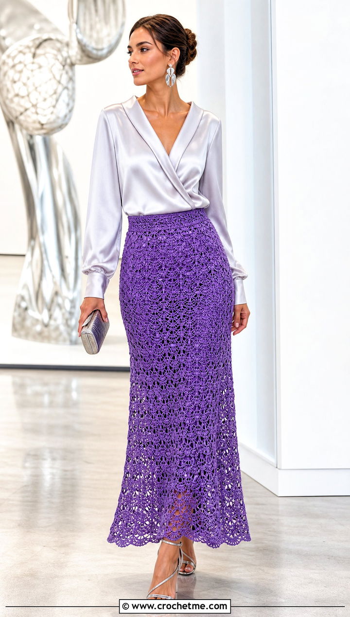 Lace Shell Stitch Crochet Long Skirt With Satin Blouse - 15 Crochet Long Skirt Aesthetic outfit ideas