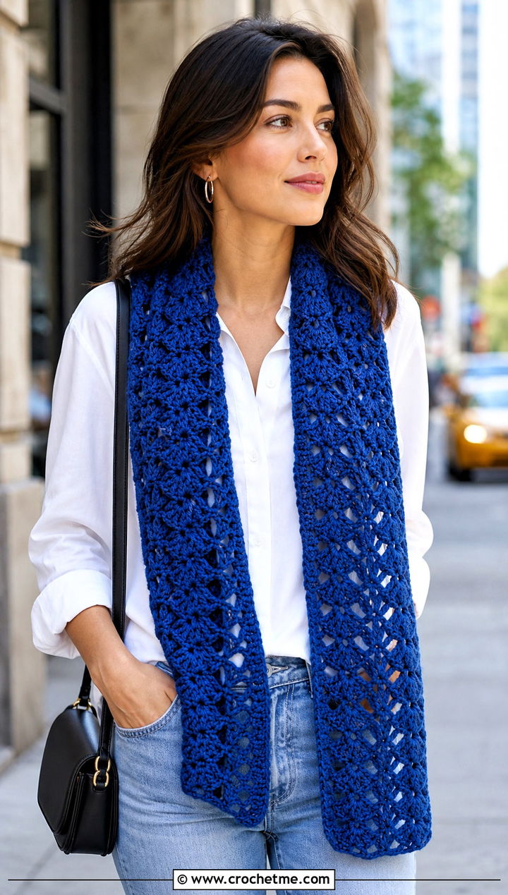Lace Shell Stitch Scarf With White Shirt And Jeans - 25 crochet shell scarf outfit ideas