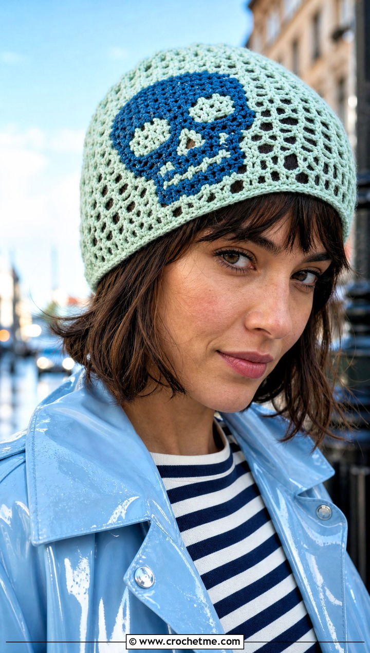 Lace Skull Crochet Beanie With Raincoat - 30 crochet skull beanie outfit ideas