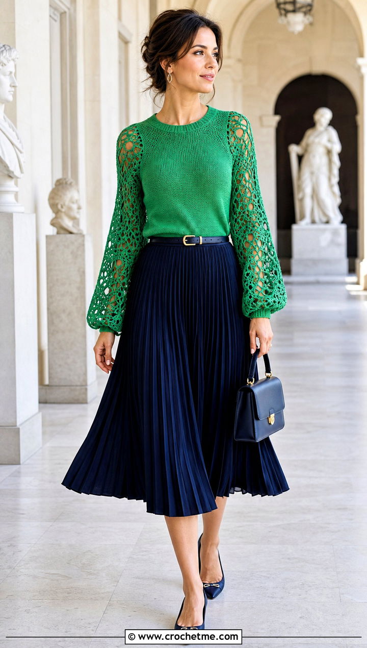 Lace Sleeve Crochet Lacy Sweater With Pleated Skirt - 25 crochet lacy sweater outfit ideas