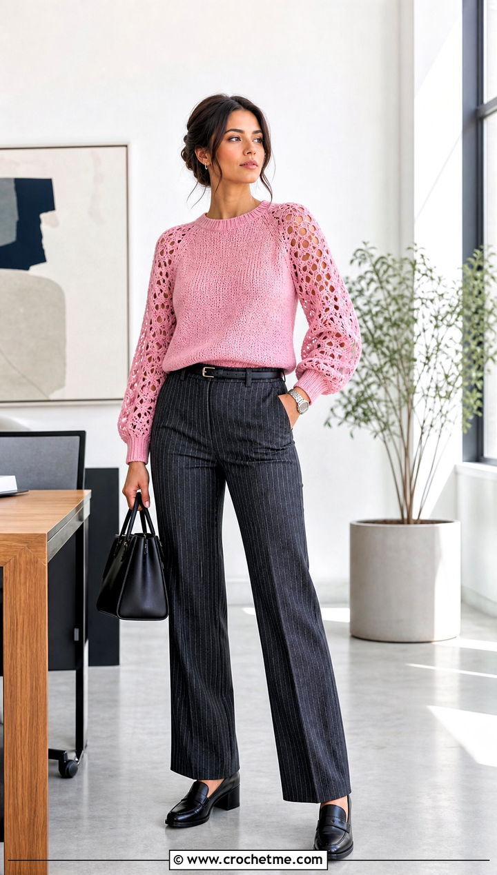 Lace Sleeve Crochet Sweater With Pinstripe Trousers - 25 lace crochet sweater outfit ideas
