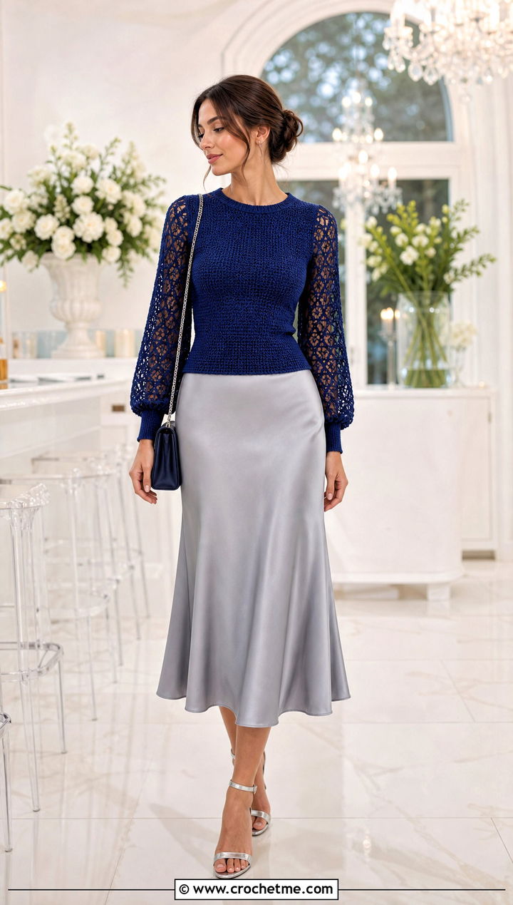 Lace Sleeve Crochet Top With Bias Cut Skirt - 35 crochet top sleeves outfit ideas