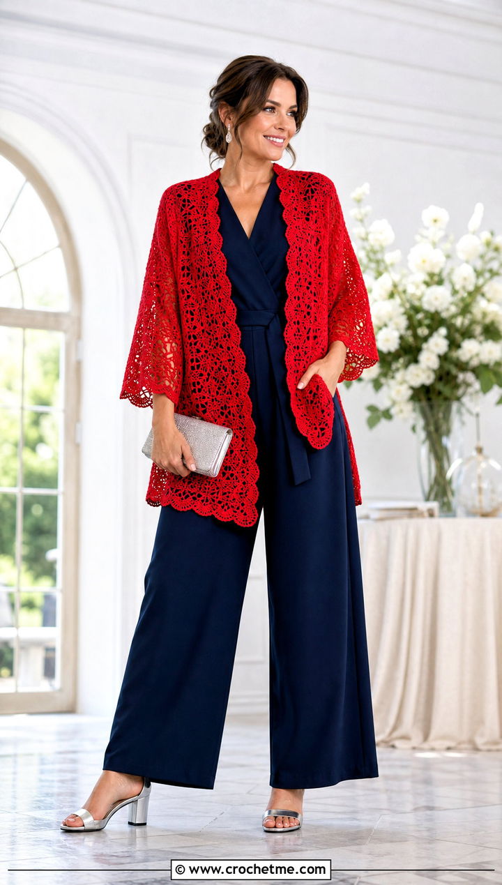 Lace Slouchy Crochet Cardigan With A Tailored Jumpsuit - 25 Slouchy Crochet Cardigan outfit ideas