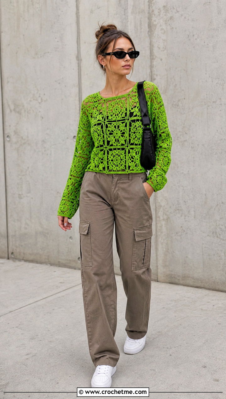 Lace Square Crochet Motif Top With Cargo Pants - 30 crochet motif top outfit ideas