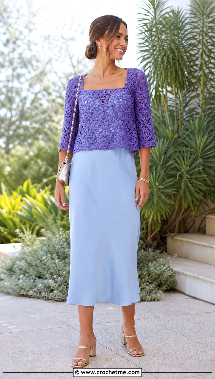 Lace Square Crochet Top Over A Slip Dress - 25 Square Crochet Top outfit ideas