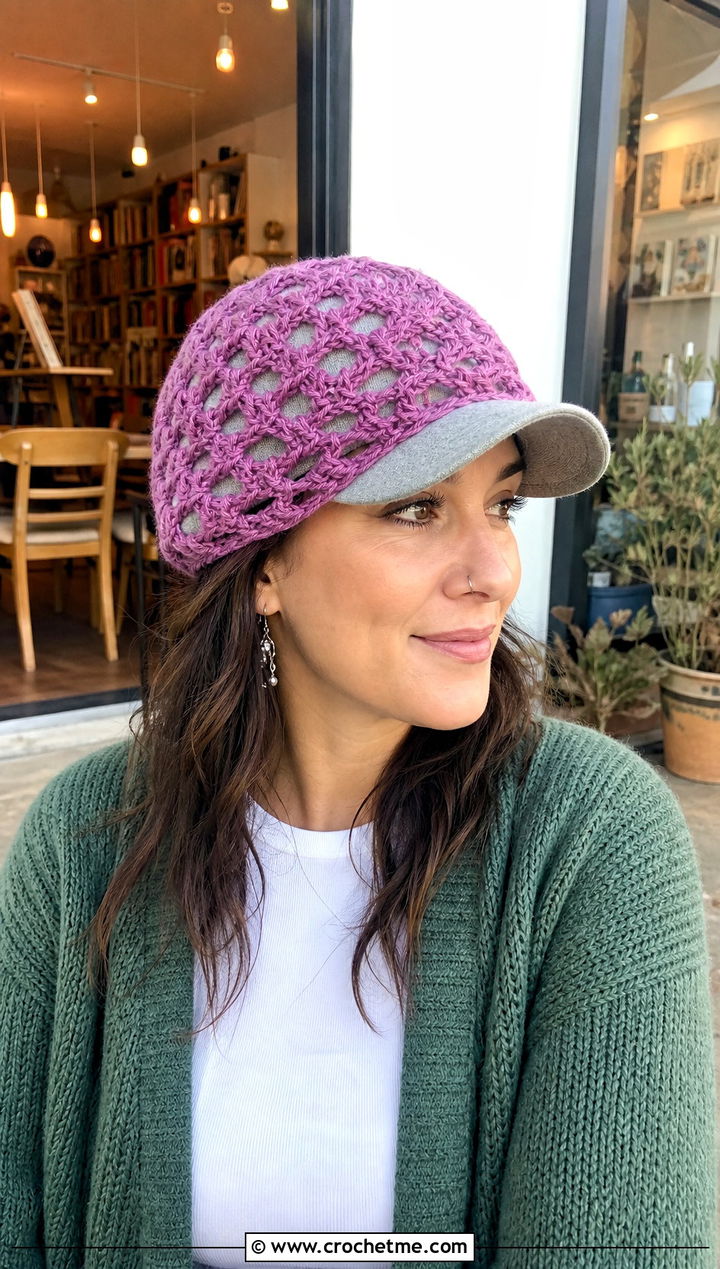 Lace Stitch Baseball Cap Ear Warmer With Cardigan And Jeans - 20 crochet baseball cap ear warmer outfit ideas