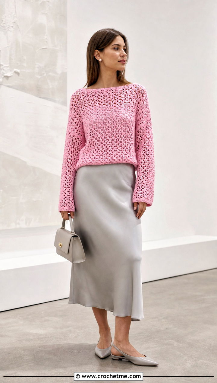 Lace Stitch Boat Neck Crochet Summer Sweater With Satin Skirt - 15 Crochet Summer Sweater outfit ideas