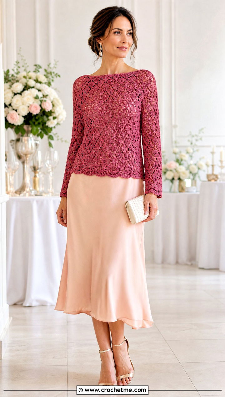 Lace Stitch Boat Neck Crochet Sweater With Slip Dress - 15 boat neck crochet sweater outfit ideas