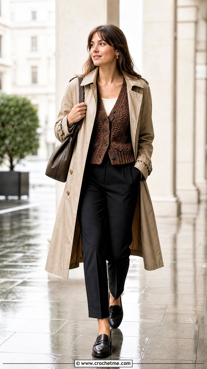 Lace Stitch Brown Crochet Cardigan With Trench Coat - 35 Brown Crochet Cardigan outfit ideas
