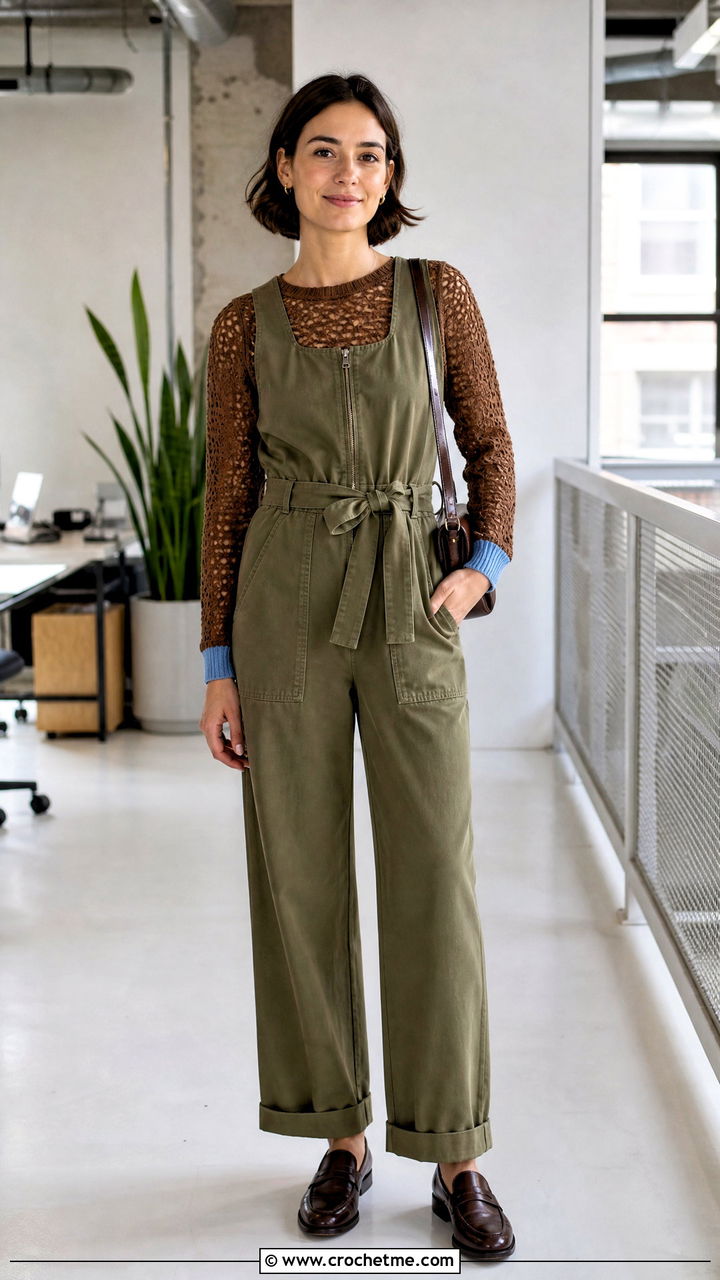 Lace Stitch Brown Crochet Sweater With Utility Jumpsuit - 35 crochet brown sweater outfit ideas