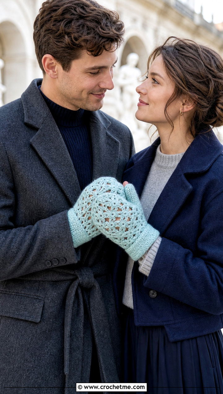 Lace Stitch Couple Mittens With Satin Skirts - 25 crochet couple mittens outfit ideas