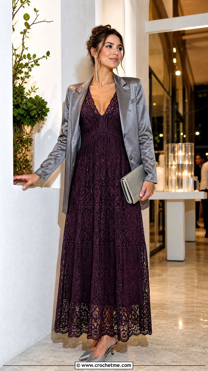 Lace Stitch Crochet Babydoll Maxi Dress With Satin Blazer - 35 crochet babydoll dress outfit ideas