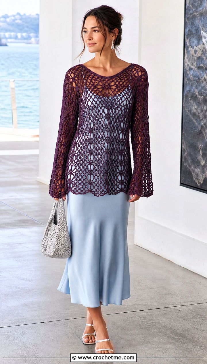 Lace Stitch Crochet Beach Sweater With Slip Dress - 25 Crochet Beach Sweater outfit ideas