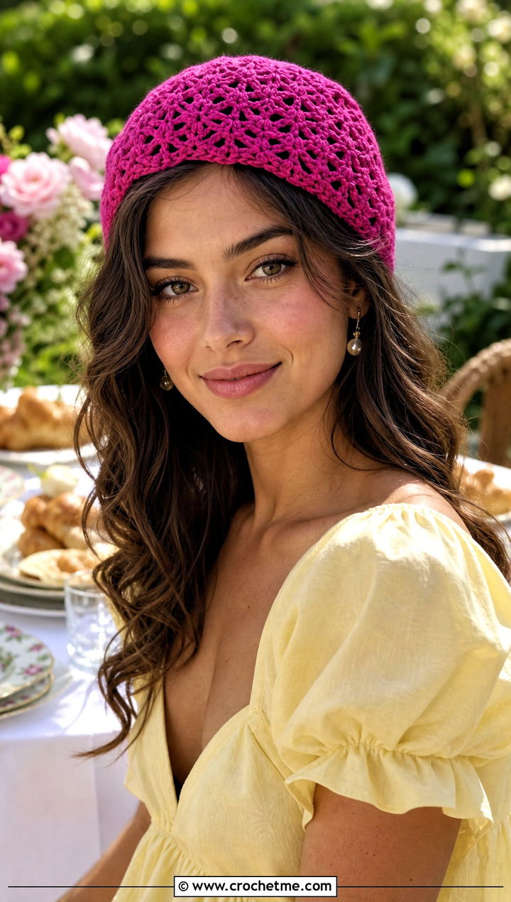 Lace Stitch Crochet Beanie With Puff Sleeve Dress - 30 summer crochet beanie outfit ideas