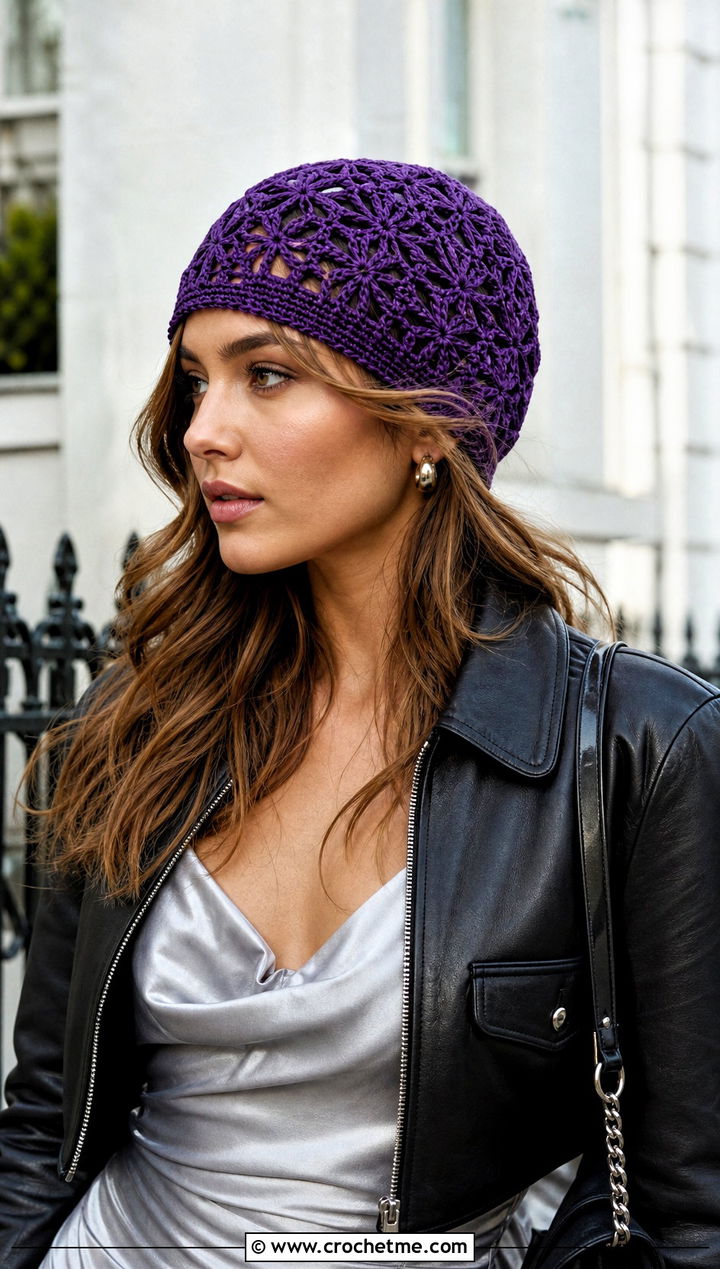 Lace Stitch Crochet Beanie With Slip Dress And Leather Jacket - 15 Crochet Lightweight Beanie outfit ideas