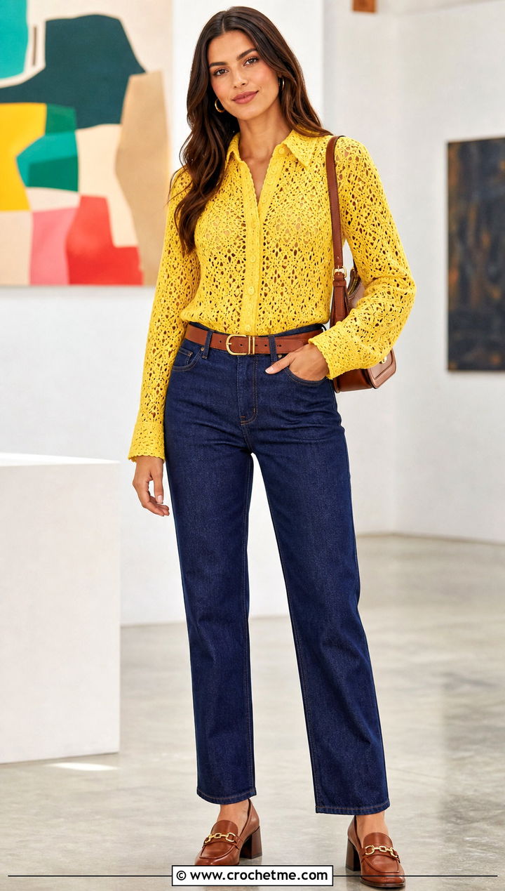 Lace Stitch Crochet Blouse With Dark Denim - 25 Crochet Top Ideas With Sleeves