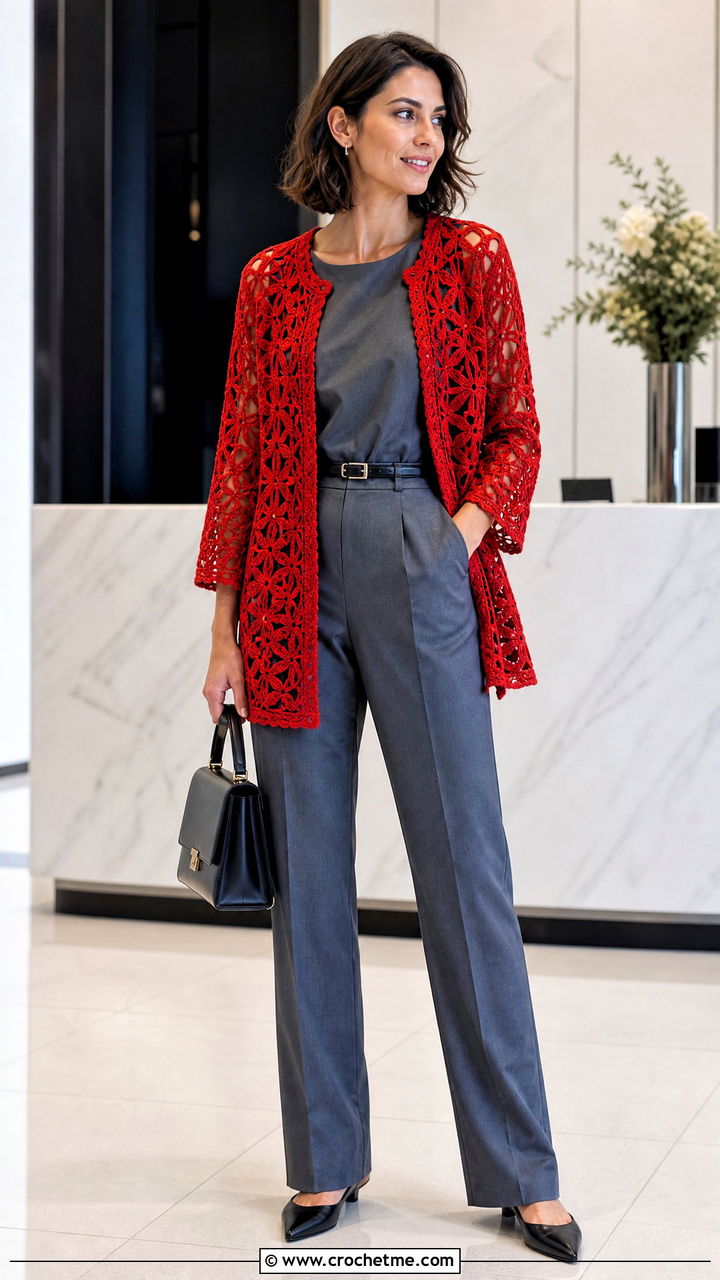Lace Stitch Crochet Bog Jacket With Tailored Jumpsuit - 35 Crochet Bog Jacket outfit ideas