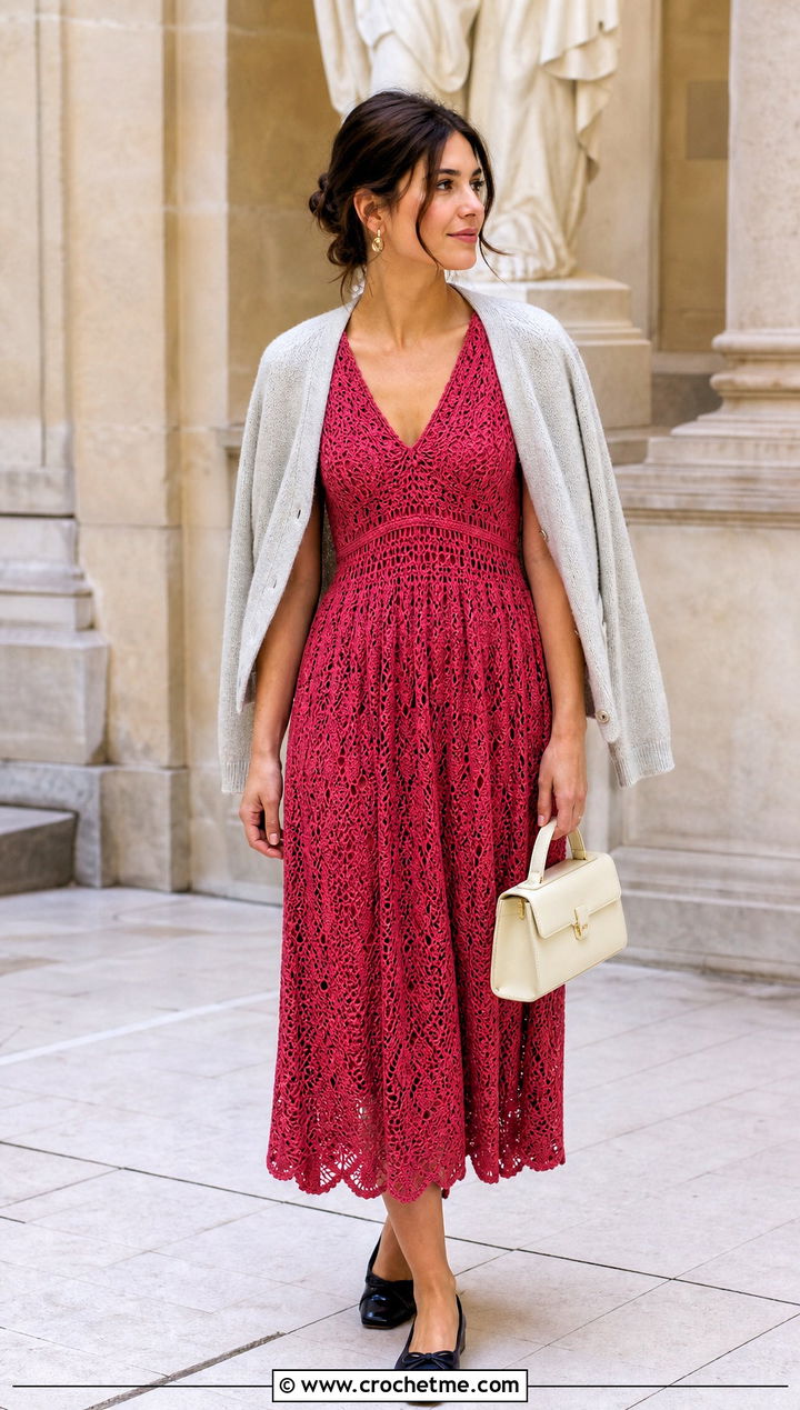 Lace Stitch Crochet Boho Dress With Ballet Flats - 30 crochet boho dress outfit ideas