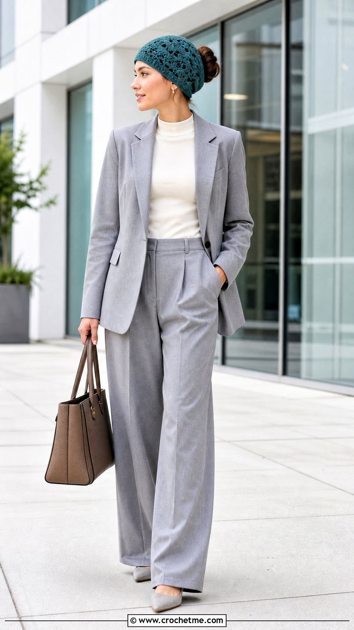 Lace Stitch Crochet Bun Hat With Blazer And Trousers - 35 crochet bun hat outfit ideas