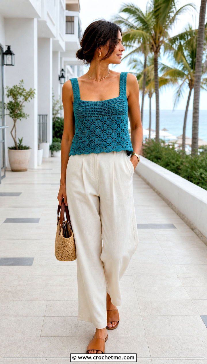 Lace Stitch Crochet Cami With Linen Trousers - 25 Crochet Cami outfit ideas
