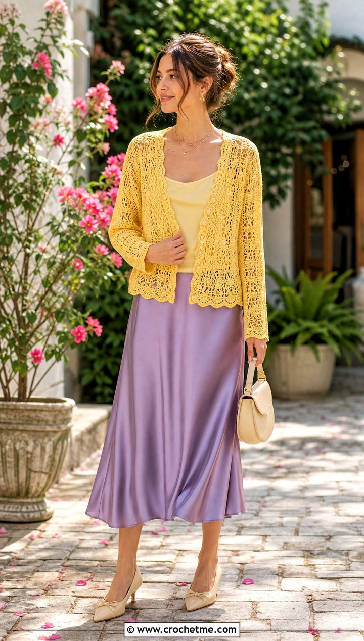 Lace Stitch Crochet Cardigan With A Satin Midi Skirt - 25 womens crochet cardigan outfit ideas