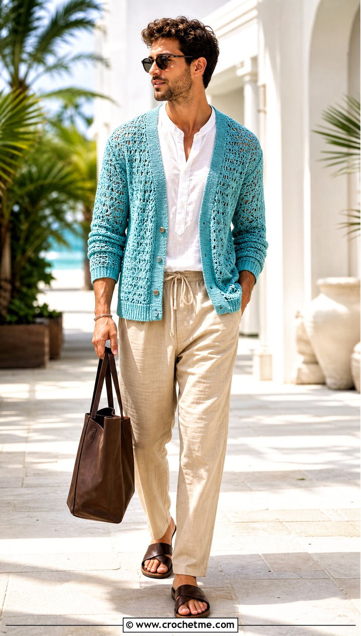 Lace Stitch Crochet Cardigan With Linen Shirt and Drawstring Trousers - 20 men's crochet cardigan outfit ideas