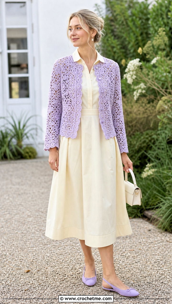 Lace Stitch Crochet Cardigan With Poplin Dress - 30 short sleeve crochet cardigan outfit ideas