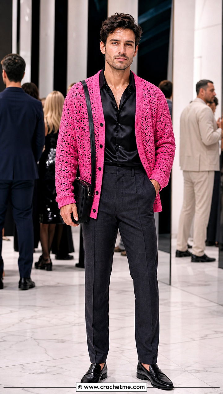 Lace Stitch Crochet Cardigan With Satin Shirt - 35 mens crochet cardigan outfit ideas