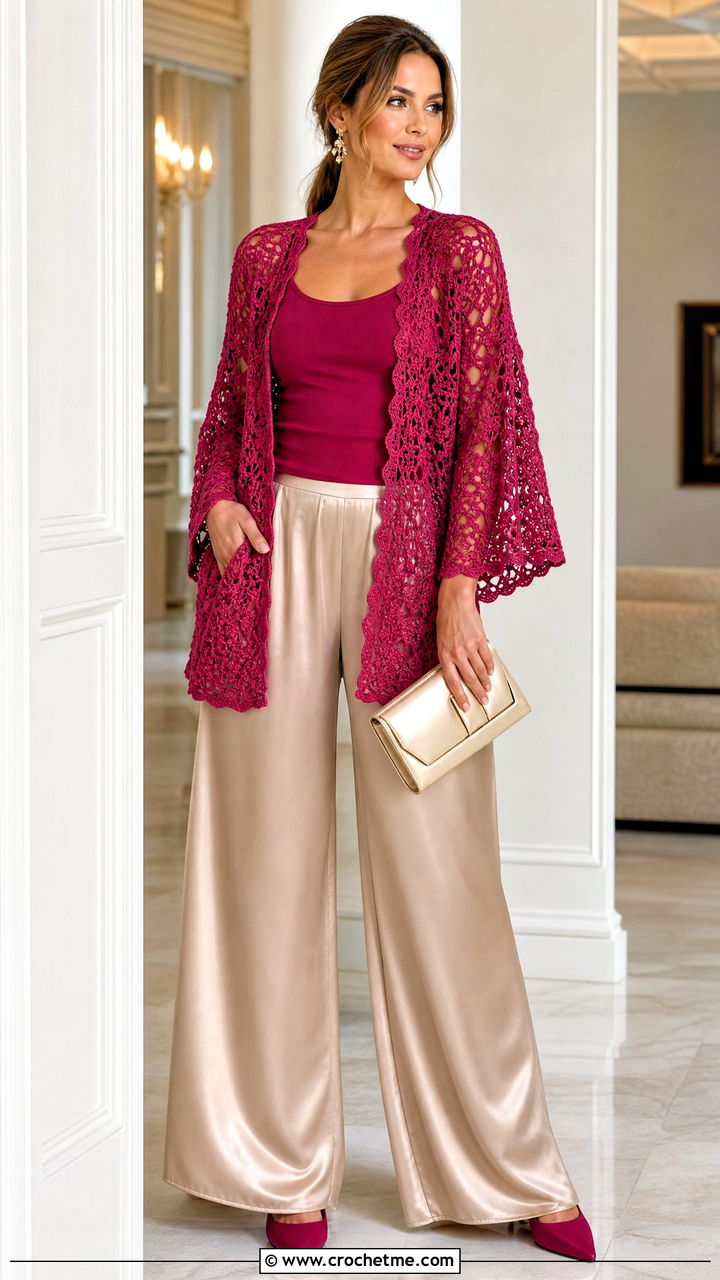 Lace Stitch Crochet Cardigan With Satin Trousers - 35 crocheted cardigan outfit ideas