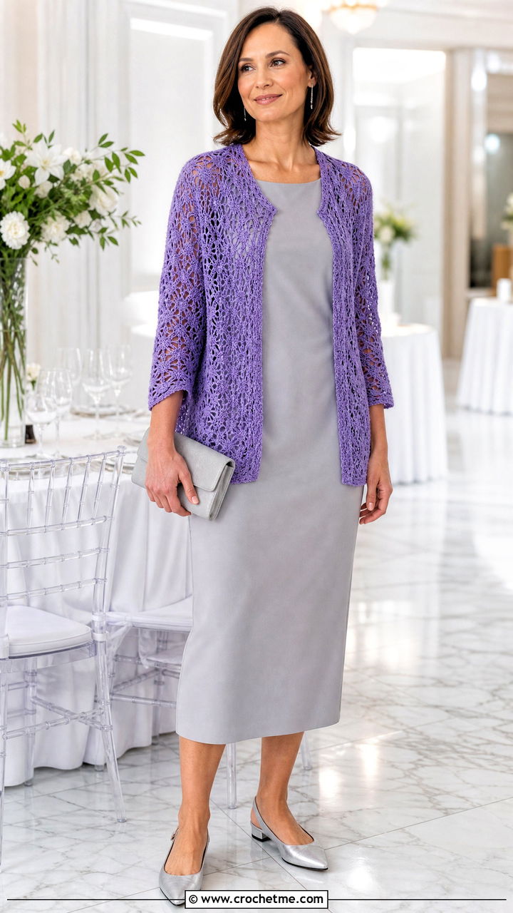 Lace Stitch Crochet Cardigan With a Column Dress - 35 beginner crochet cardigan outfit ideas