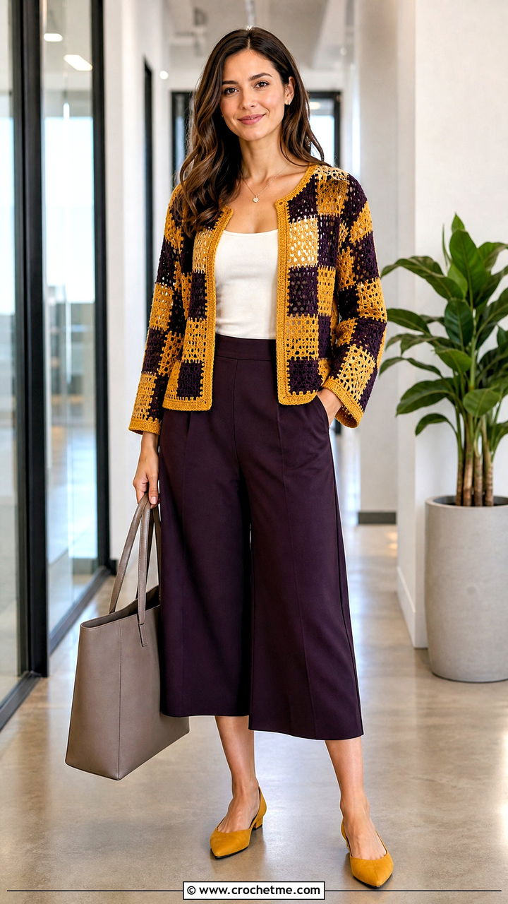 Lace Stitch Crochet Checkered Cardigan With Tailored Culottes - 35 crochet checkered cardigan outfit ideas