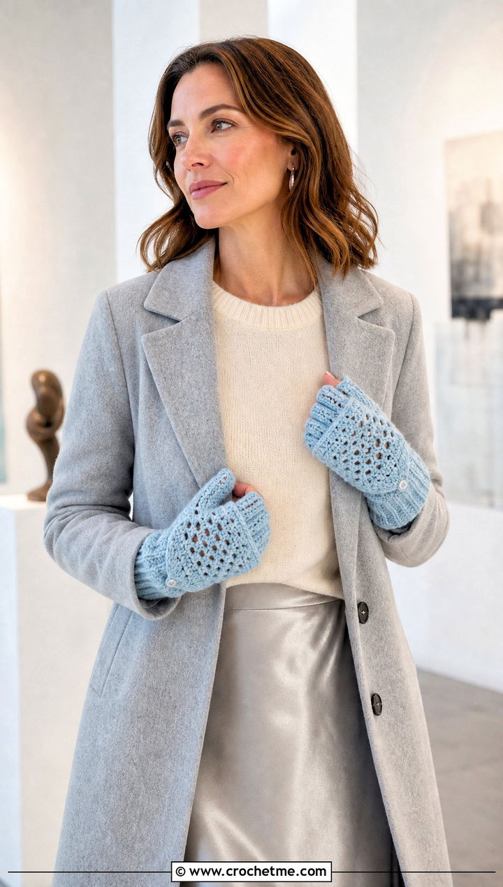 Lace Stitch Crochet Convertible Mittens With Satin Skirt - 25 Crochet Convertible Mittens outfit ideas
