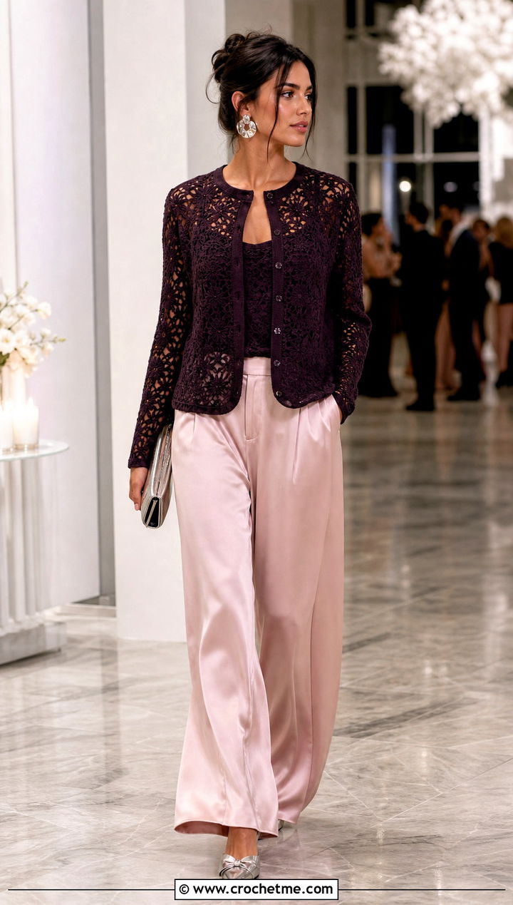 Lace Stitch Crochet Crew Neck Cardigan With Satin Pants - 20 crochet crew neck cardigan outfit ideas