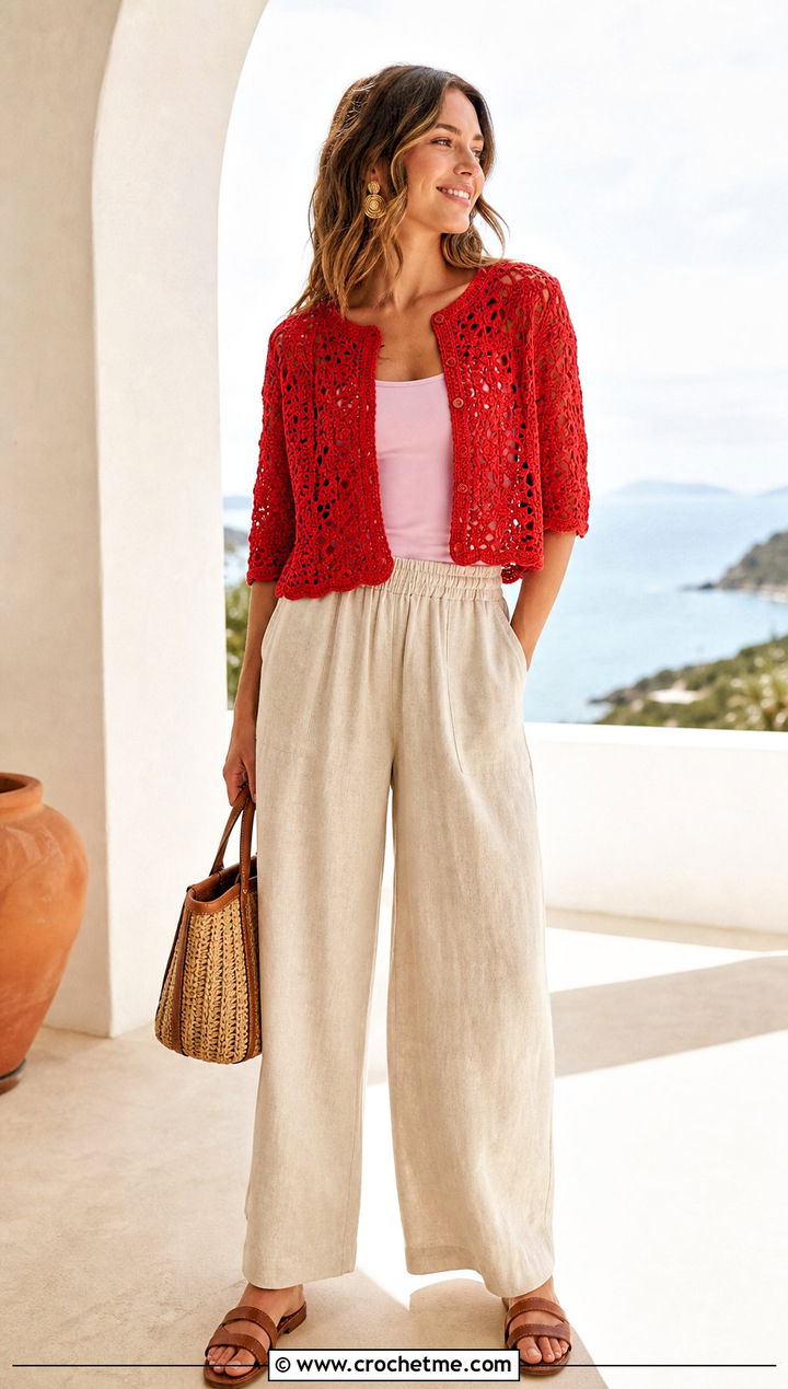 Lace Stitch Crochet Crop Cardigan With Linen Pants - 30 crochet crop cardigan outfit ideas