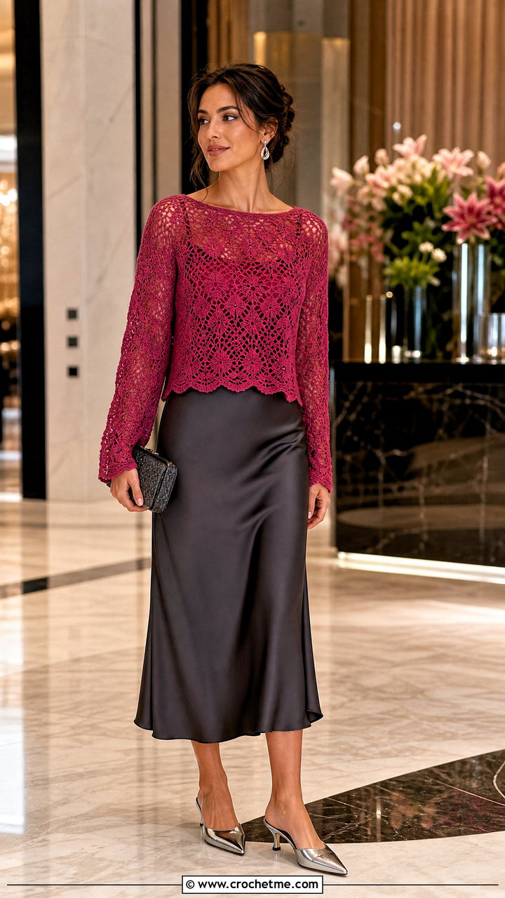 Lace Stitch Crochet Cropped Sweater With Slip Skirt - 35 crochet cropped sweater outfit ideas