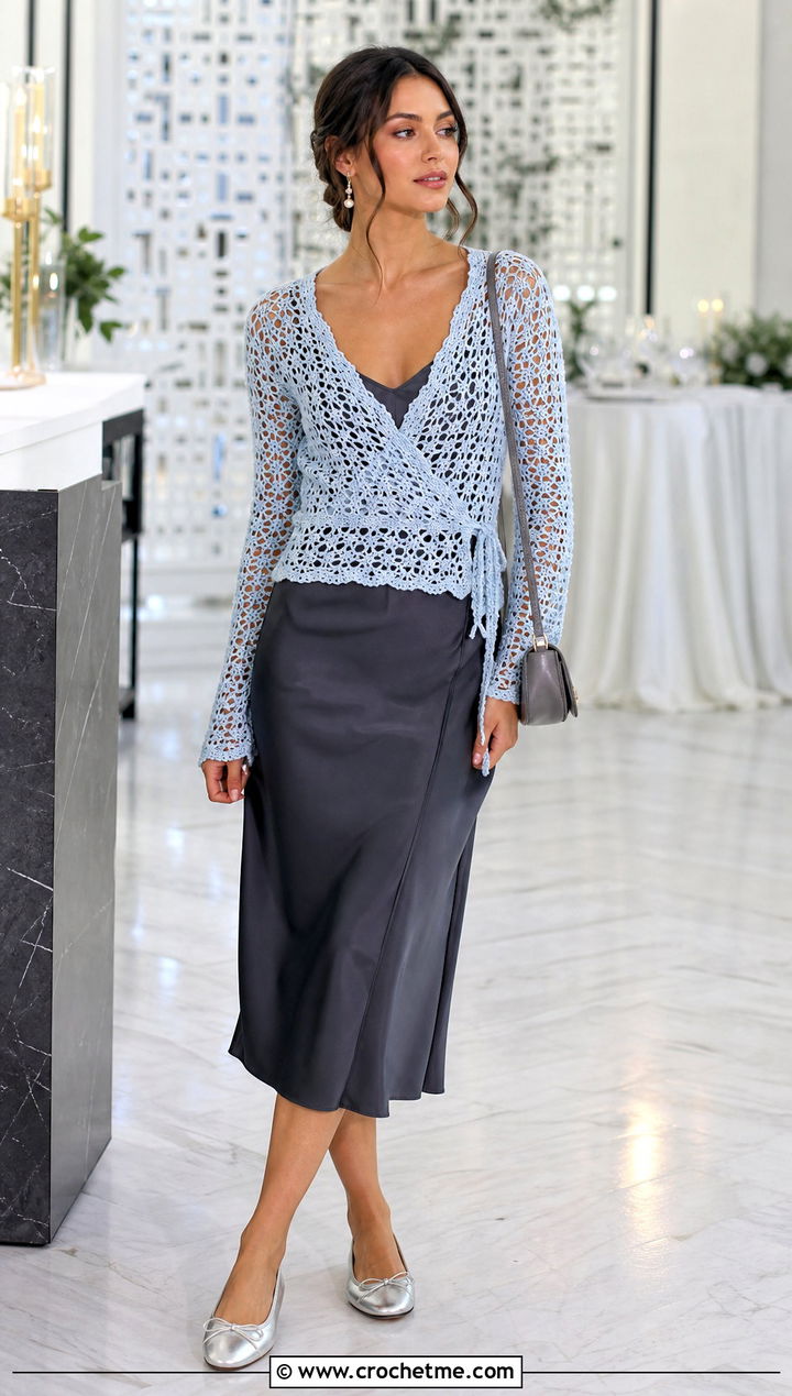 Lace Stitch Crochet Crossover Top With a Slip Dress - 25 crochet cross over top outfit ideas