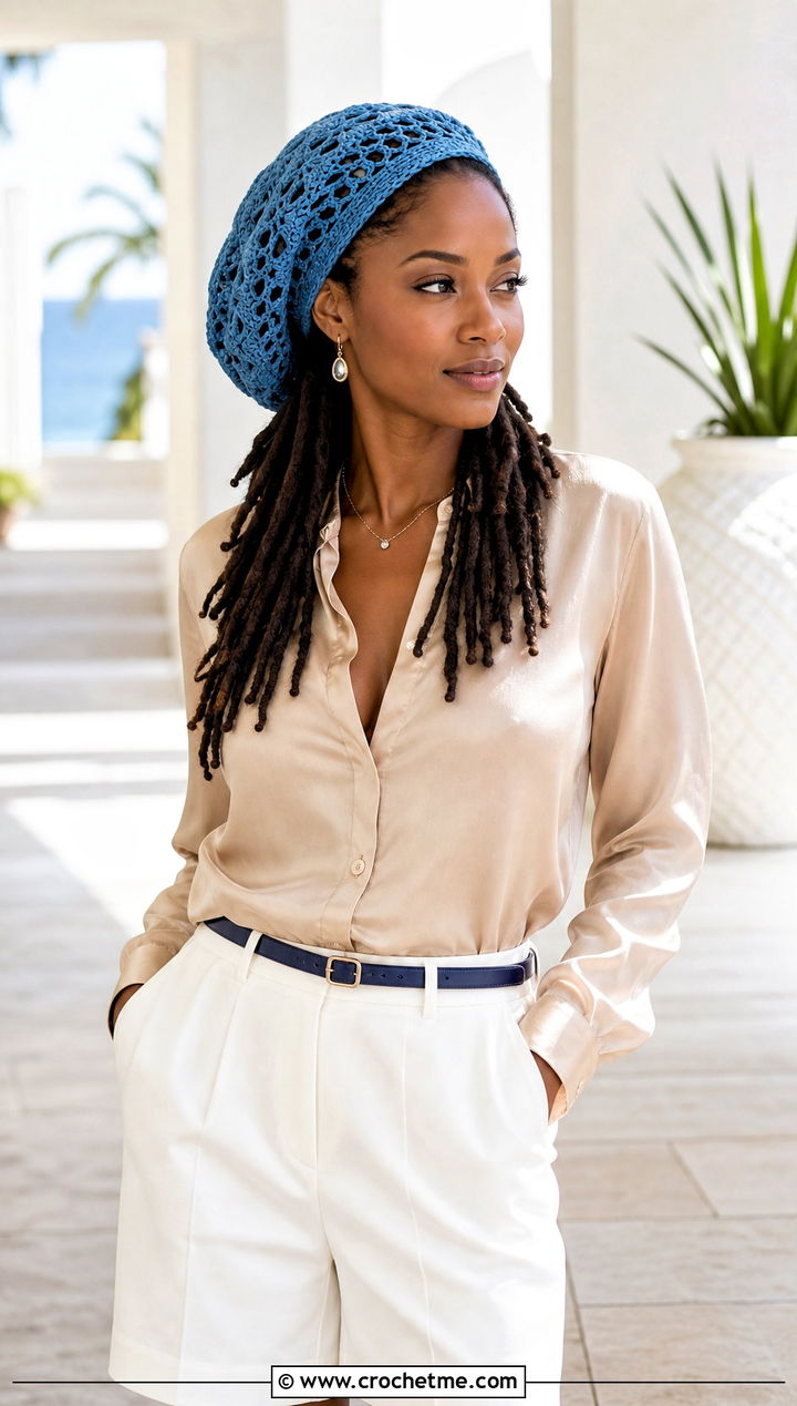 Lace Stitch Crochet Dreadlock Tam With Satin Blouse And Tailored Shorts - 25 Crochet Dreadlock Hat outfit ideas