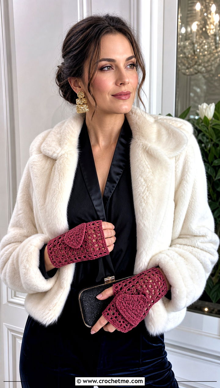 Lace Stitch Crochet Fingerless Gloves With Flap And Velvet Pants - 30 crochet fingerless gloves with flap outfit ideas