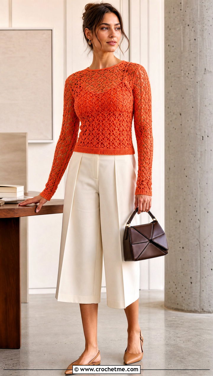 Lace Stitch Crochet Fitted Sweater With Culottes - 30 crochet fitted sweater outfit ideas