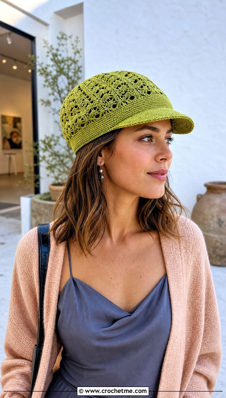 Lace Stitch Crochet Flat Cap With Slip Dress And Cardigan - 25 crochet flat cap outfit ideas