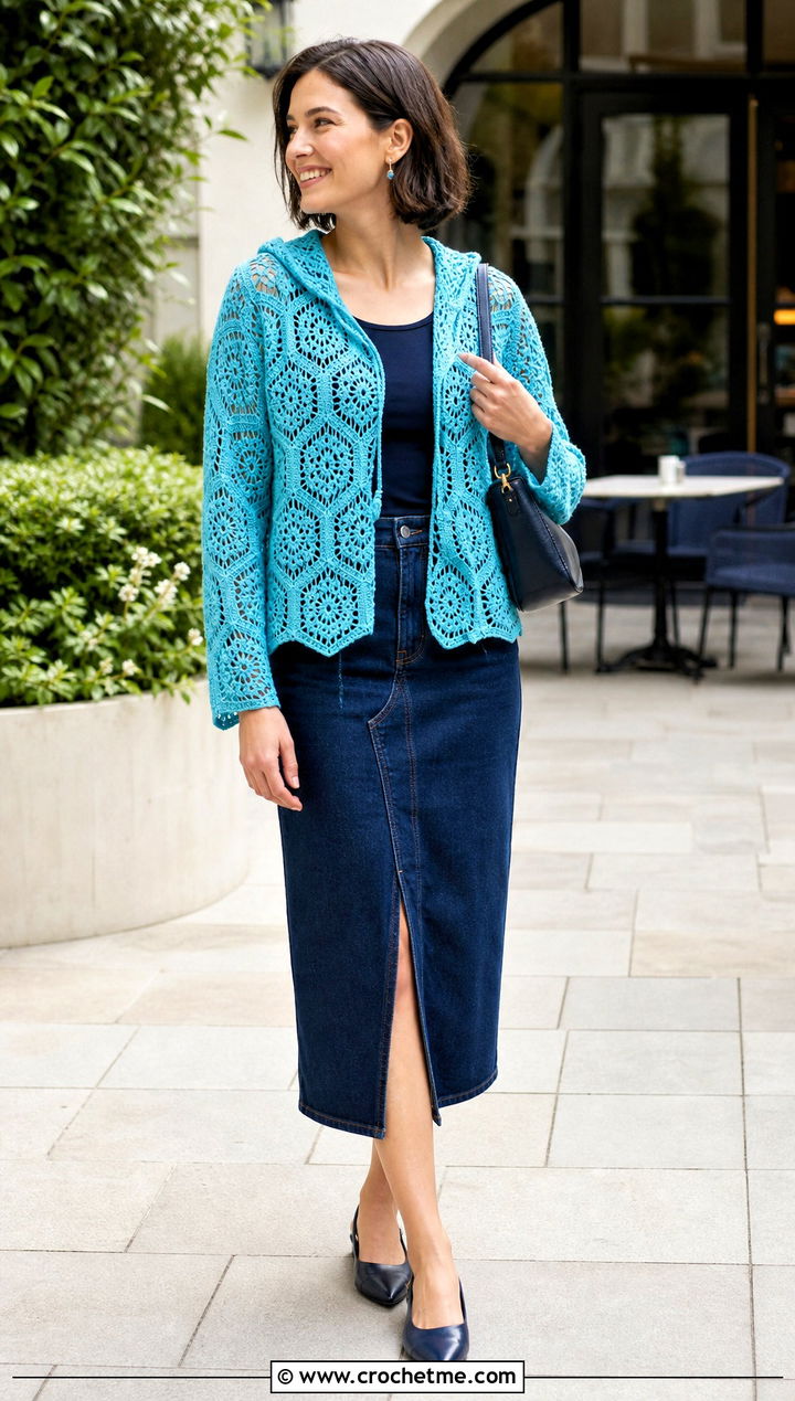 Lace Stitch Crochet Hexagon Hoodie With Denim Midi Skirt - 30 crochet hexagon hoodie outfit ideas
