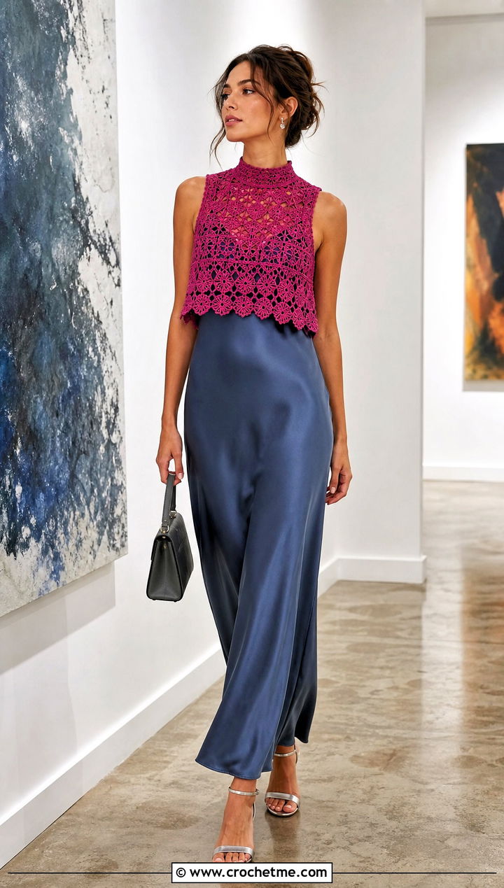 Lace Stitch Crochet High Neck Tank Top With Slip Dress - 25 crochet high neck tank top outfit ideas
