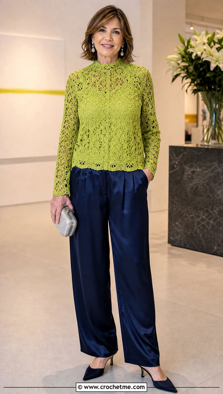 Lace Stitch Crochet High Neck Top With Satin Trousers - 35 crochet high neck top outfit ideas