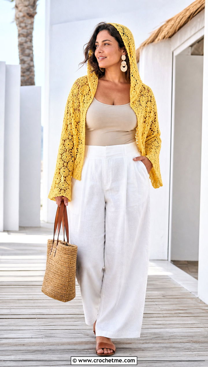 Lace Stitch Crochet Hooded Shrug With Linen Pants - 30 Crochet Hooded Shrug outfit ideas