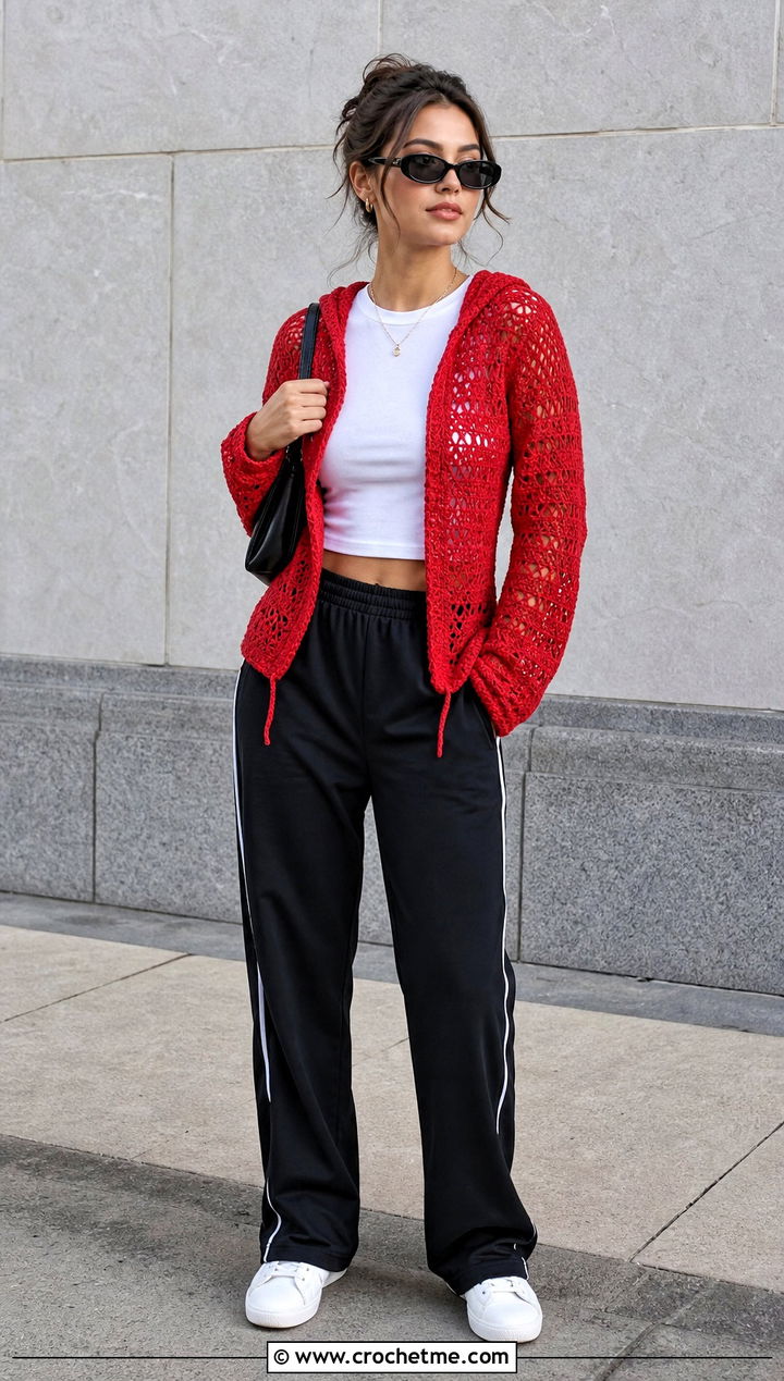 Lace Stitch Crochet Hoodie Cardigan With Track Pants - 30 crochet hoodie cardigan outfit ideas