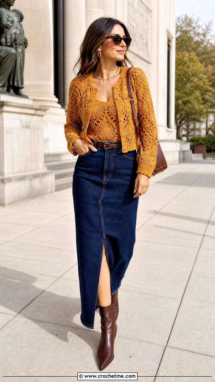 Lace Stitch Crochet Jumper With Denim Maxi Skirt - 35 crochet jumper outfit ideas