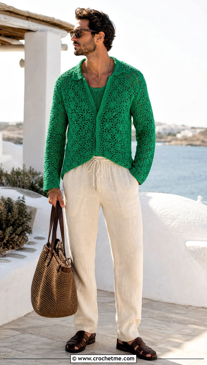 Lace Stitch Crochet Jumper With Linen Pants - 35 men crochet jumper outfit ideas