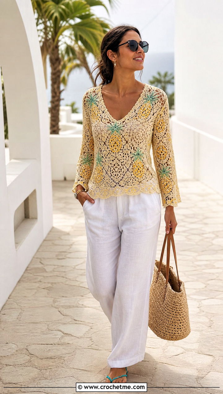 Lace Stitch Crochet Lemon Sweater With Linen Trousers - 25 Crochet Lemon Sweater outfit ideas